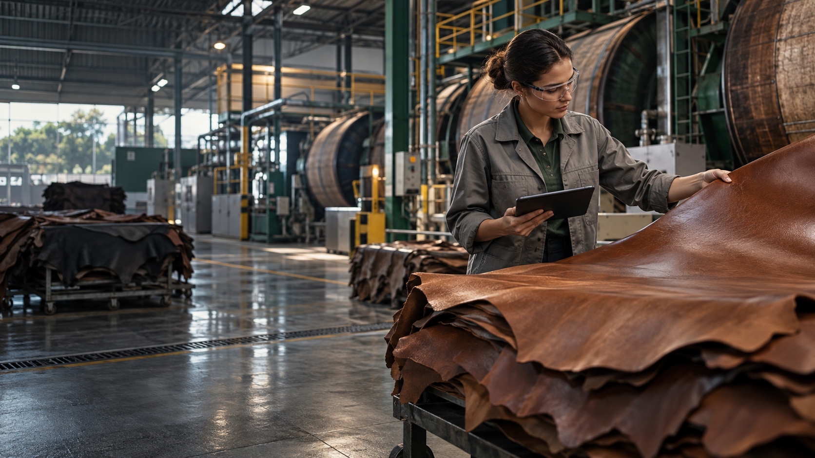 Profissional avalia couro em um curtume industrial organizado, usando um tablet.